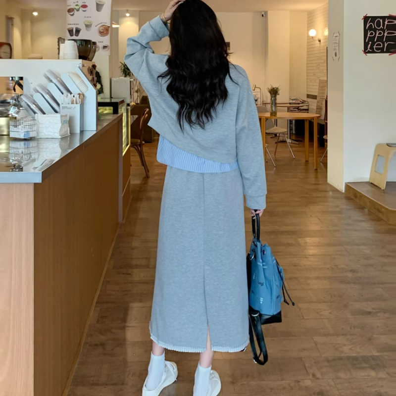 【整套】POLO領條紋拼接長袖衛衣+高腰包臀半裙兩件套裝-Cicimode