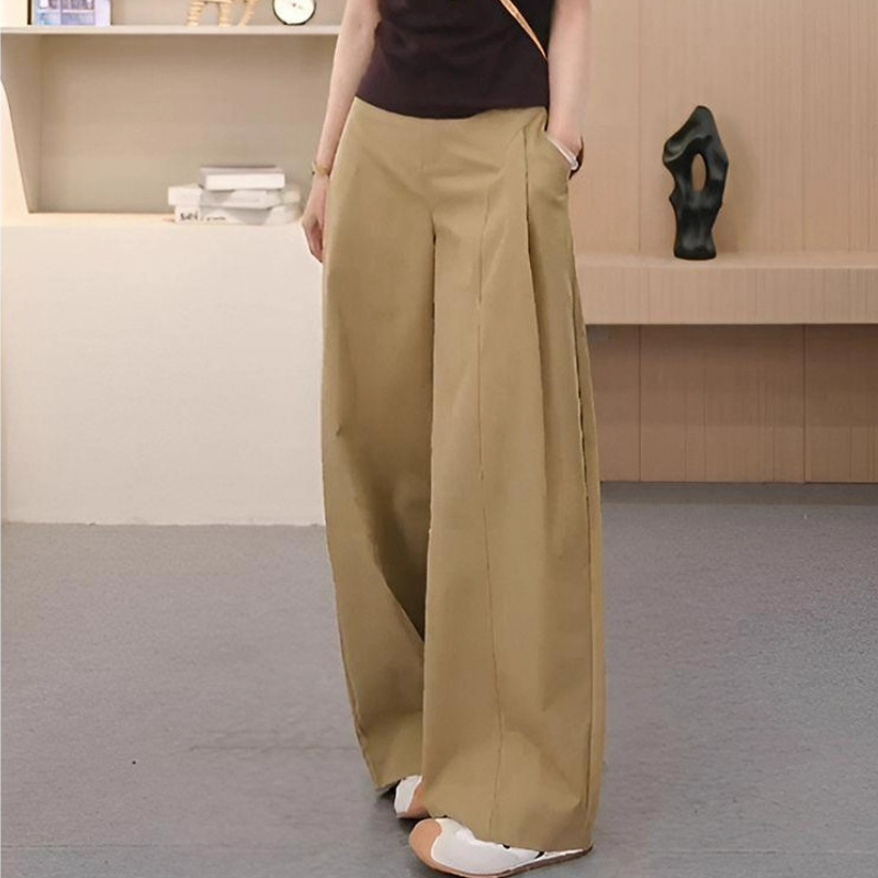 高腰顯瘦時尚寬鬆潮流側壓褶卡其色闊腿褲