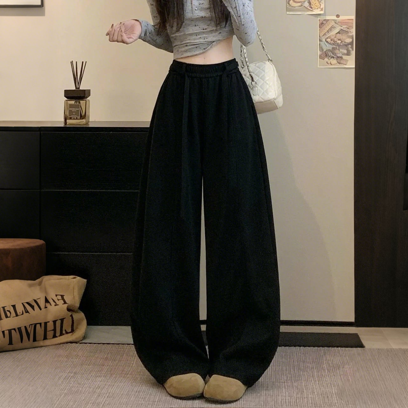 韓版刷毛鬆緊高腰休閒寬鬆垂感顯瘦闊腿褲-Cicimode