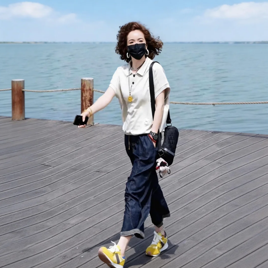 【單件/套裝】POLO領後背印花短袖上衣+薄款牛仔八分褲兩件套裝