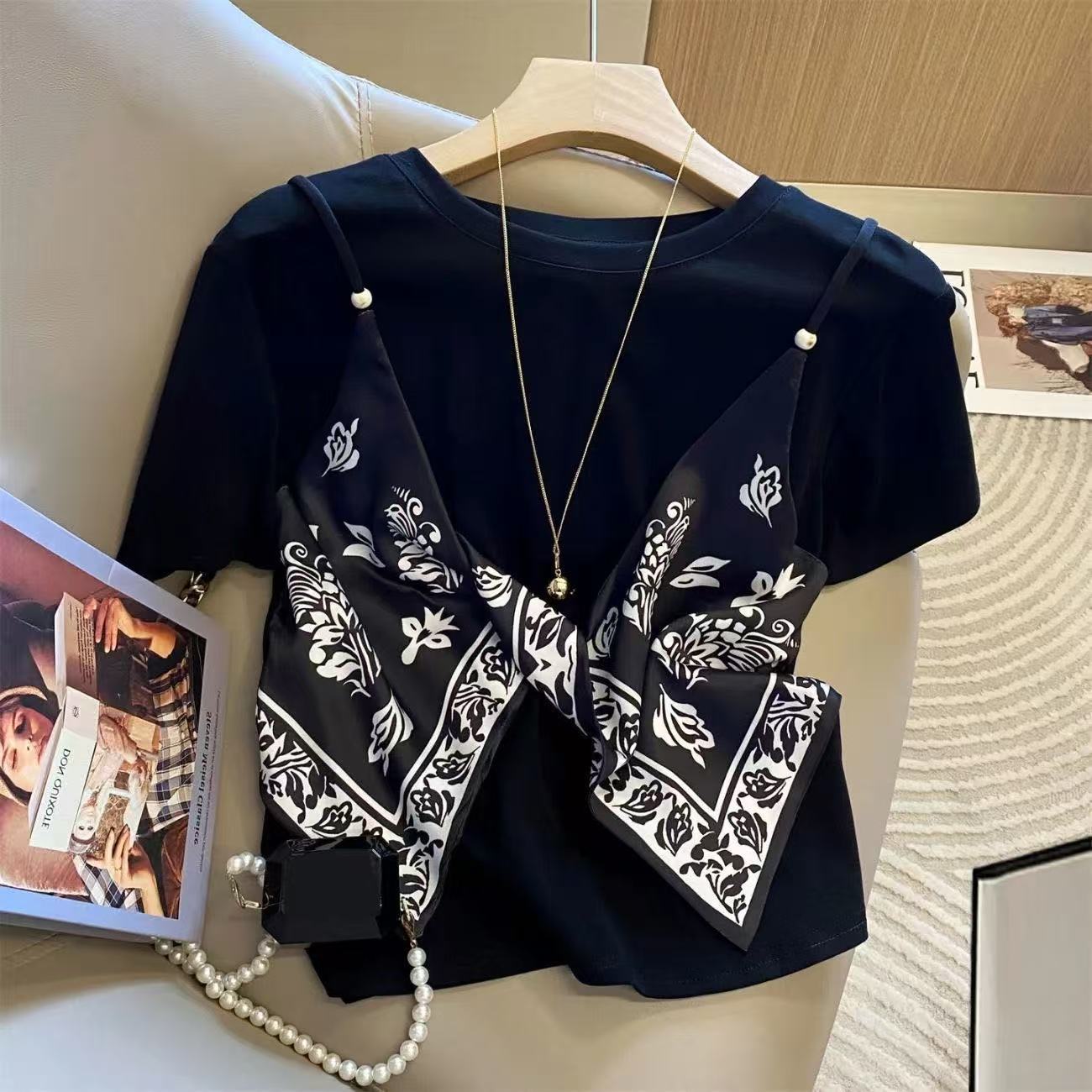 寬鬆百搭顯瘦別緻絲巾吊帶設計感假兩件T恤