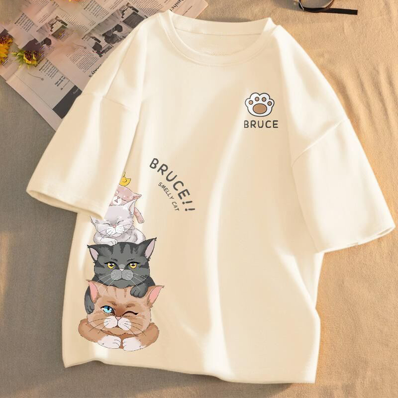 百搭情侶款可愛潮流貓咪印花短袖T恤-Cicimode