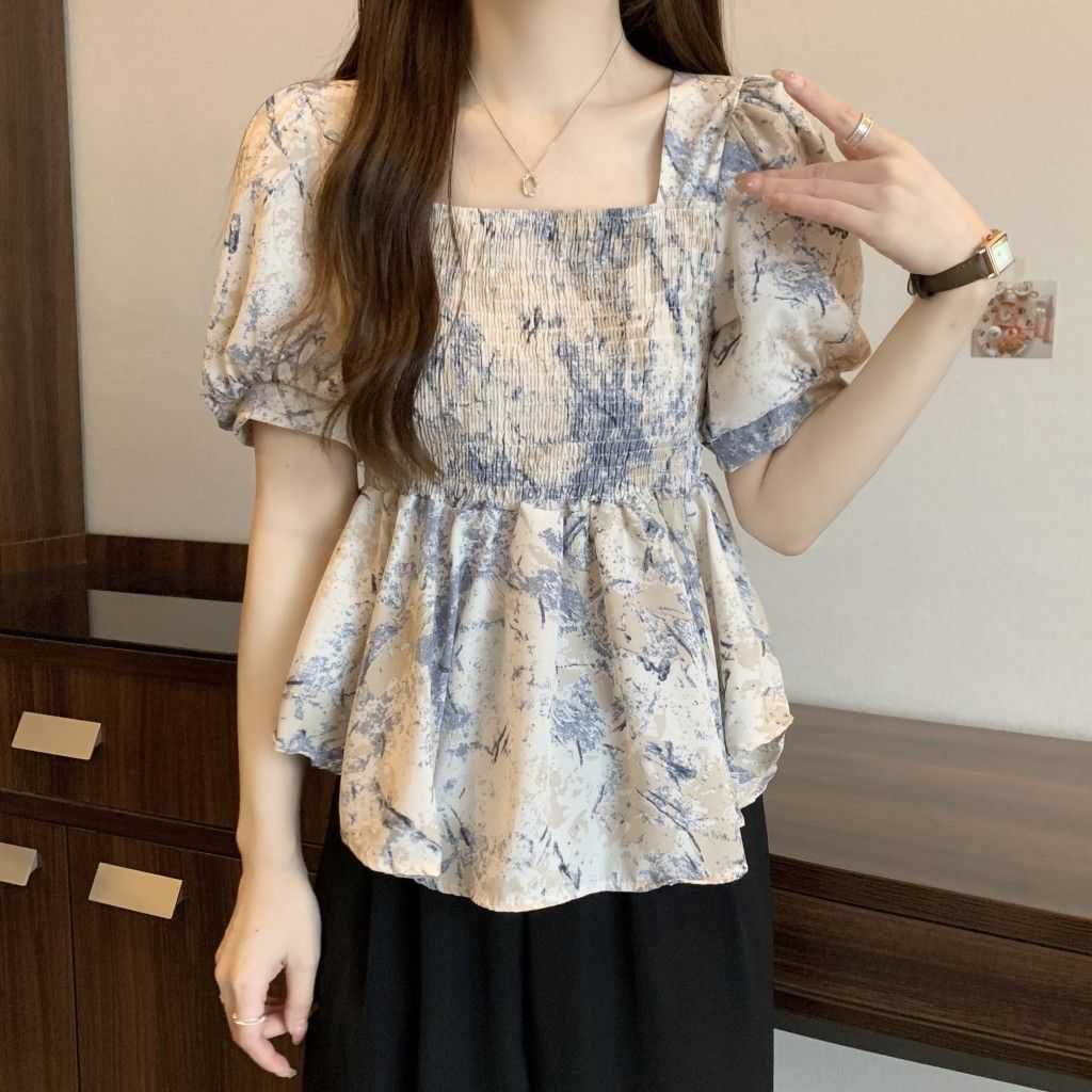 法式方領碎花甜美減齡顯瘦漂亮短袖