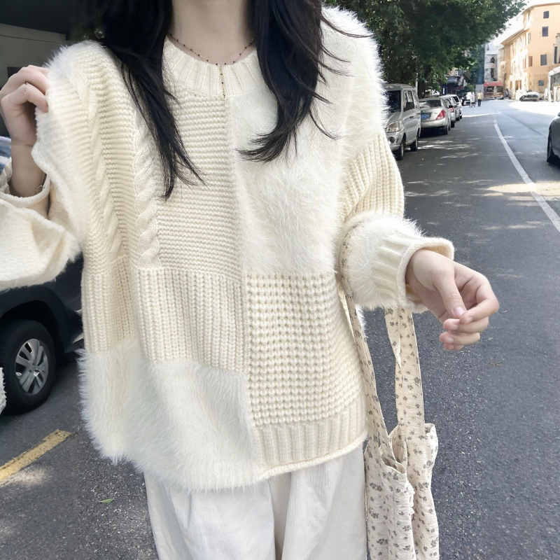 奶杏色高級感慵懶風寬鬆重工拼接針織毛衣-Cicimode