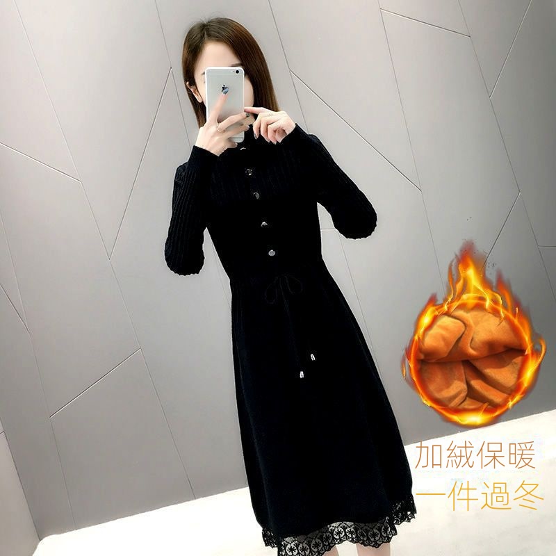 刷毛加厚中長版蕾絲寬鬆半高領針織洋裝-Cicimode