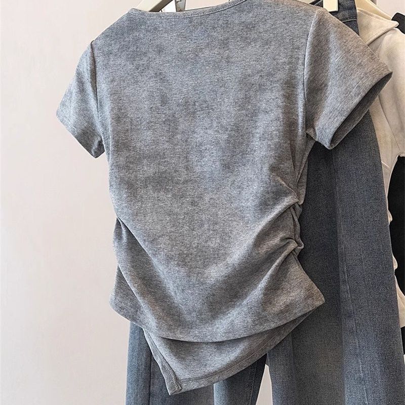 設計感翻領紮染不規則蝴蝶結收腰短袖T恤