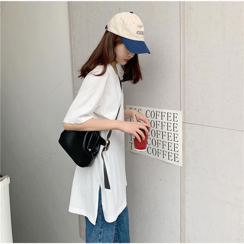 港風純棉寬鬆圓領開叉遮臀中長版短袖T恤