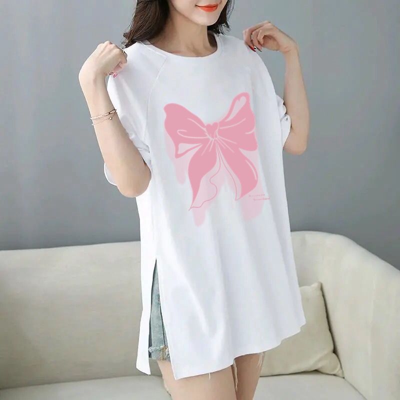 韓版寬鬆印花中長款兩邊開叉短袖T恤-Cicimode