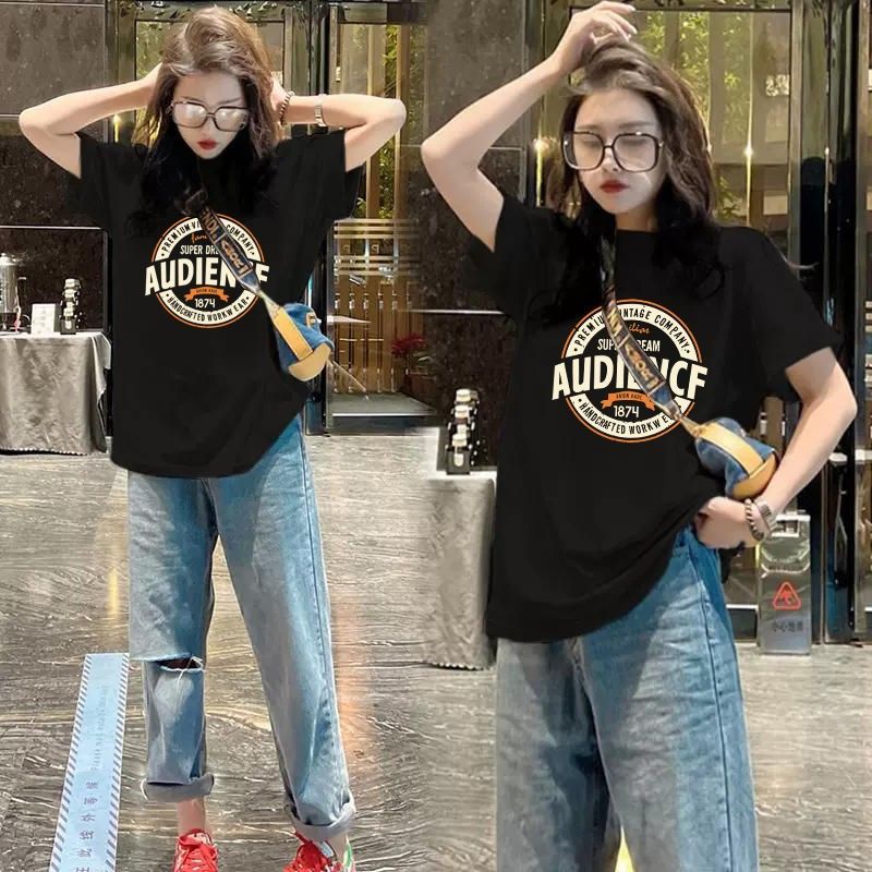 100%純棉oversize寬鬆印花中長款短袖t恤
