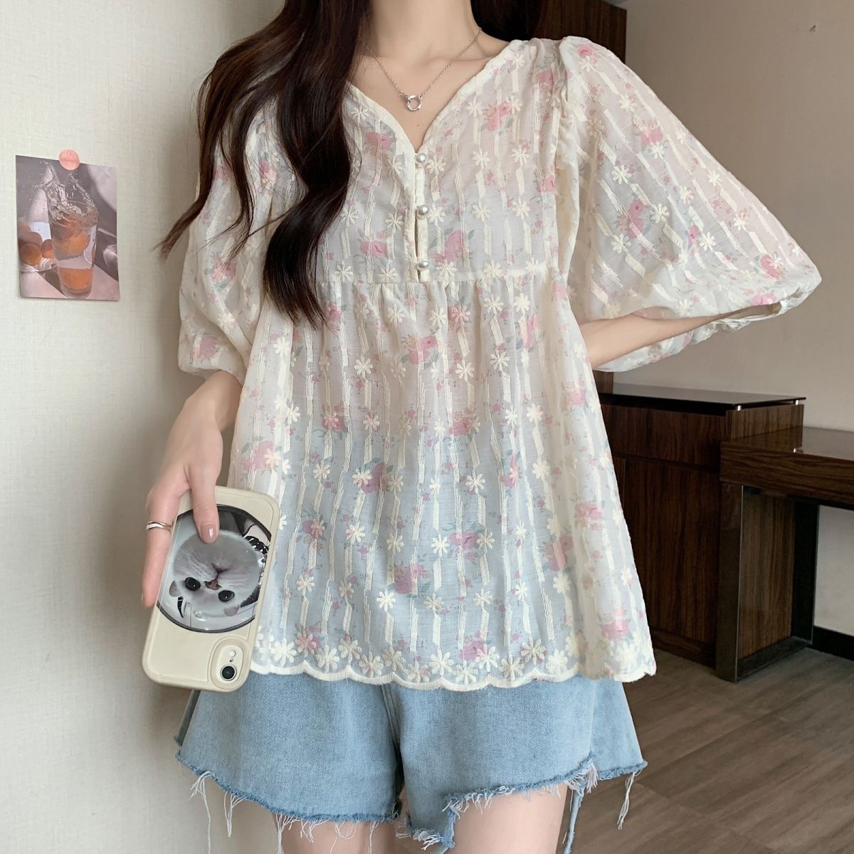 甜美碎花設計感減齡寬松顯瘦V領襯衫