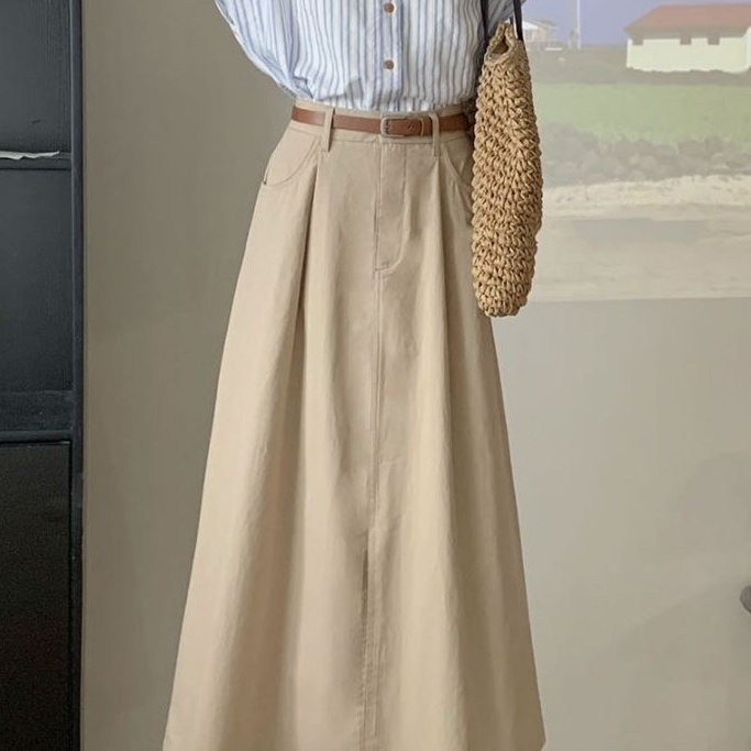 【單件/套裝】時尚通勤休閒減齡polo領條紋短袖襯衫+高腰半身裙兩件套裝