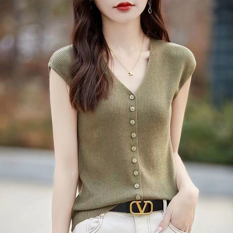 V領冰絲上衣女80-200斤夏季修身洋氣紐扣飛飛袖T恤衫顯瘦大碼T恤