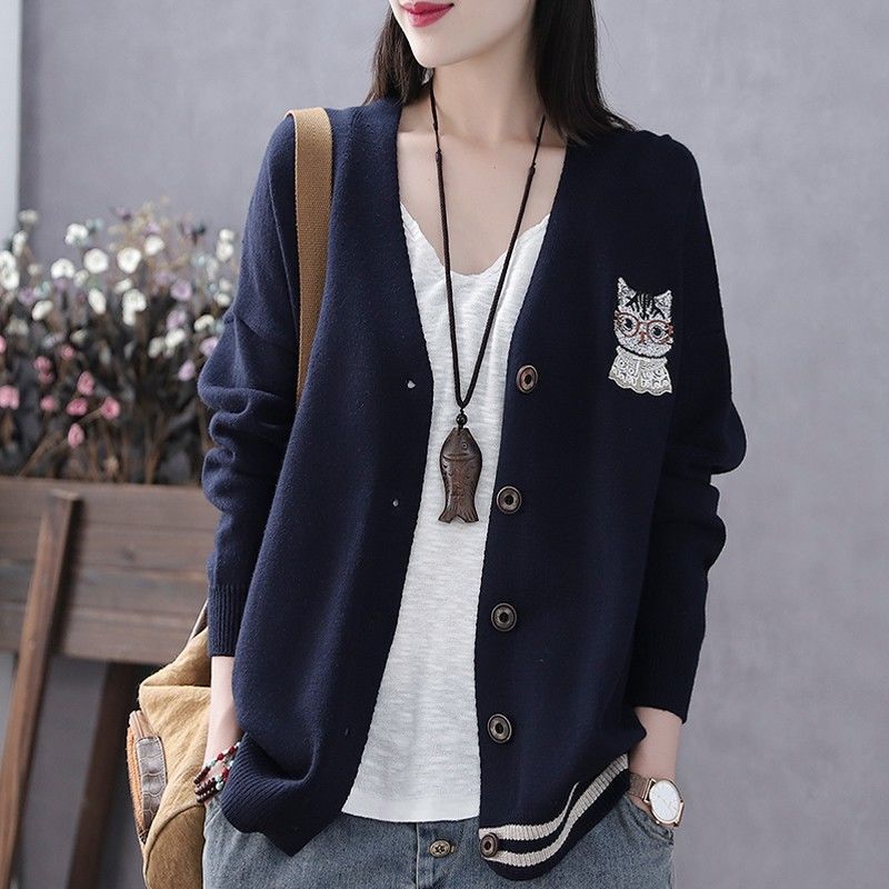 休閒百搭薄款寬鬆貓咪針織開衫-Cicimode