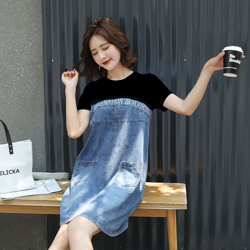 顯瘦氣質設計感T恤拼接牛仔寬鬆洋裝