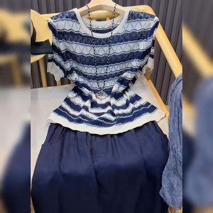 【單件/套裝】多巴胺洋氣條紋薄款針織衫+時尚半身裙兩件套裝