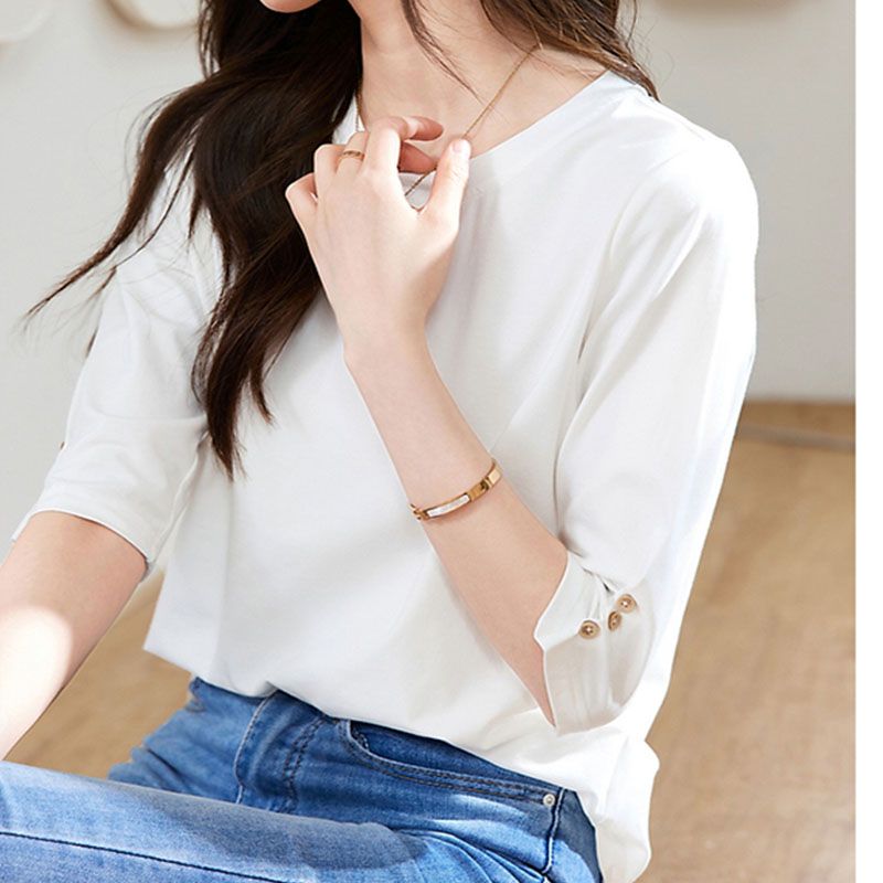 紐扣設計時尚休閒百搭顯瘦圓領七分中袖T恤