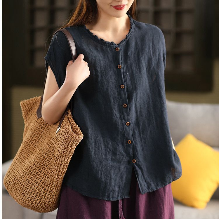 重工棉麻木耳領復古單排扣百搭無袖襯衫