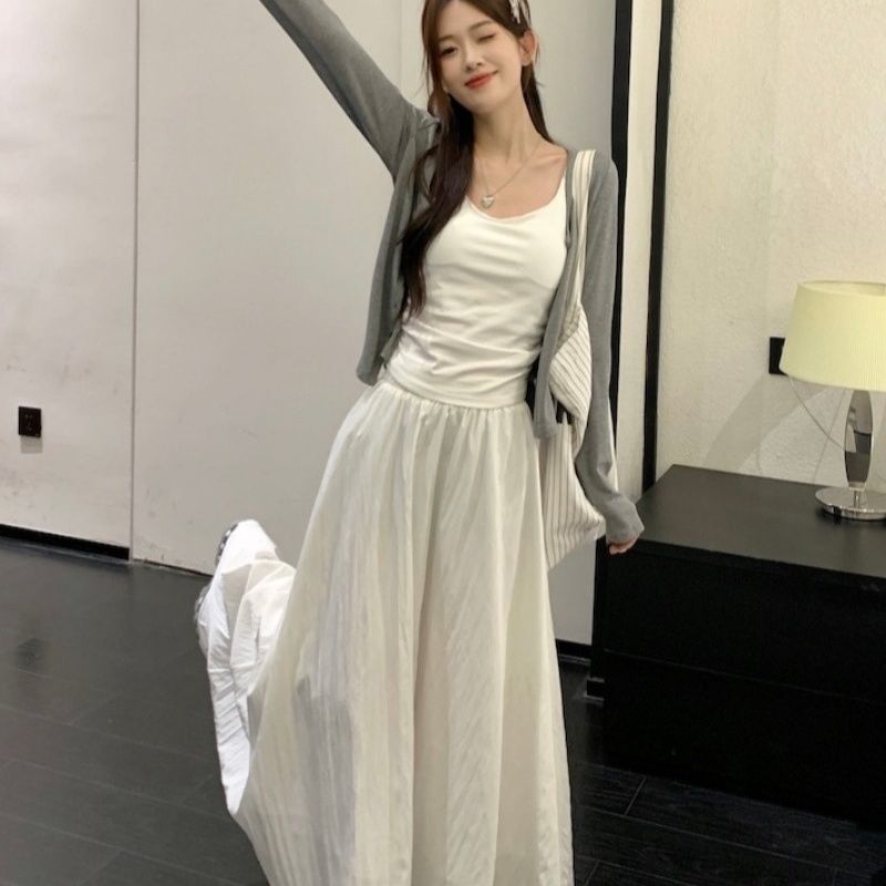 【單件/套裝】復古溫柔風針織開衫+內搭吊帶背心+高腰半身裙三件套裝