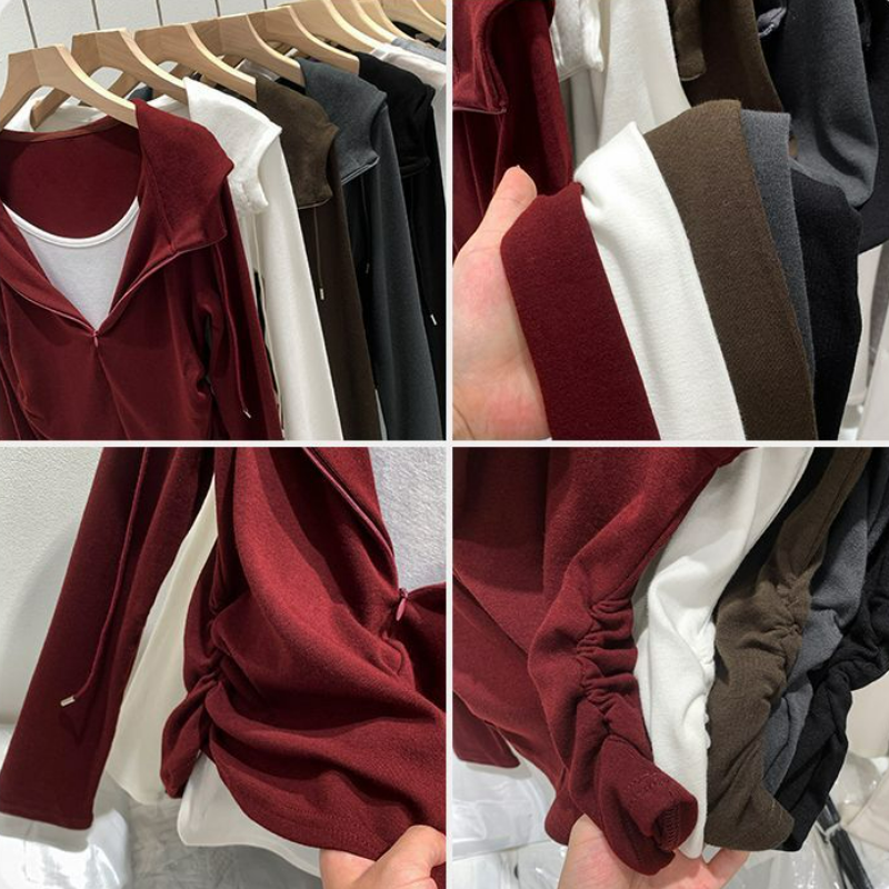 美式辣妹假兩件抽褶顯瘦連帽長袖t恤