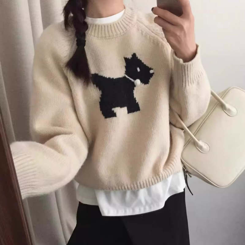 韓系寬鬆短版軟糯圓領狗狗提花針織毛衣-Cicimode
