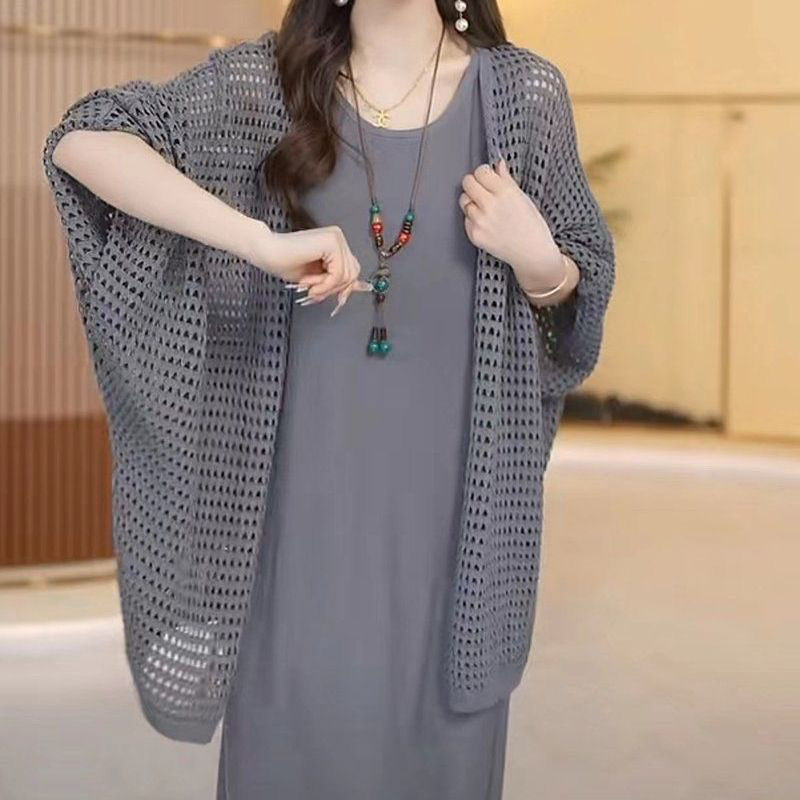 氣質名媛夕陽紅色V領寬鬆針織衫度假中長款開衫