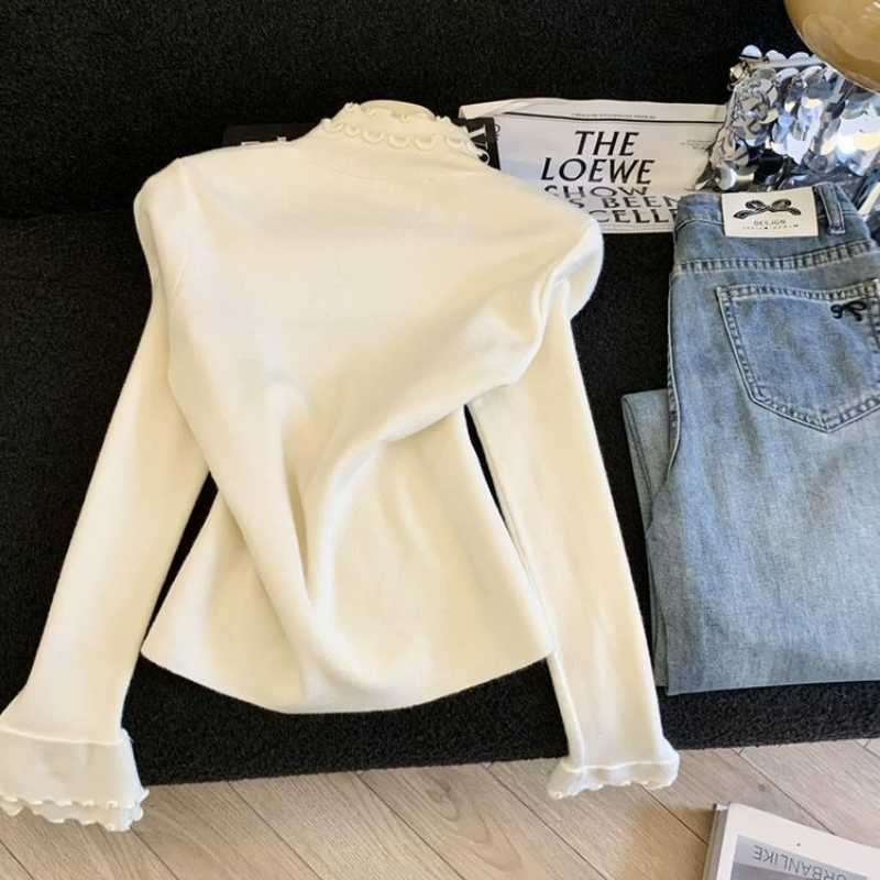 半高領雙層木耳邊德絨洋氣百搭顯瘦打底衫
