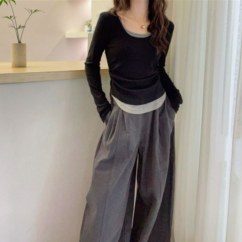 假兩件正肩修身顯瘦拼接撞色長袖T恤-Cicimode