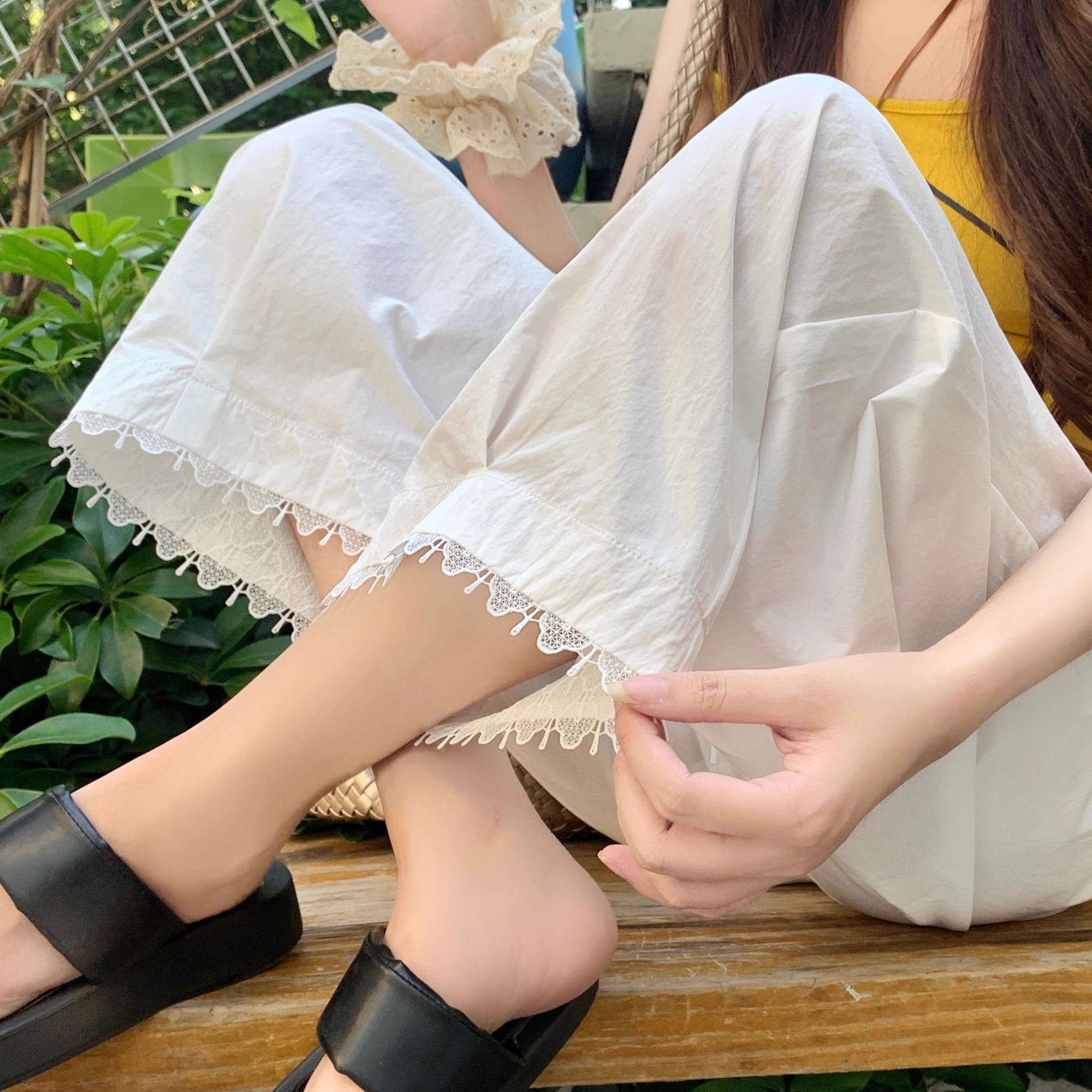 蕾絲花邊薄款高腰顯瘦寬鬆垂感直筒九分休閒褲