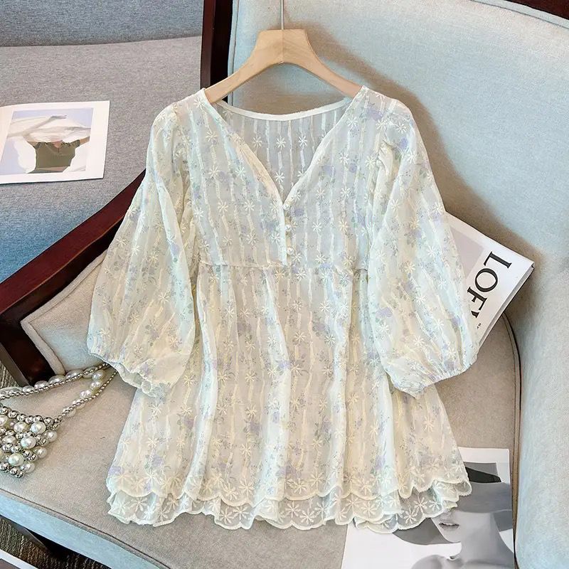 甜美碎花設計感減齡寬松顯瘦V領襯衫