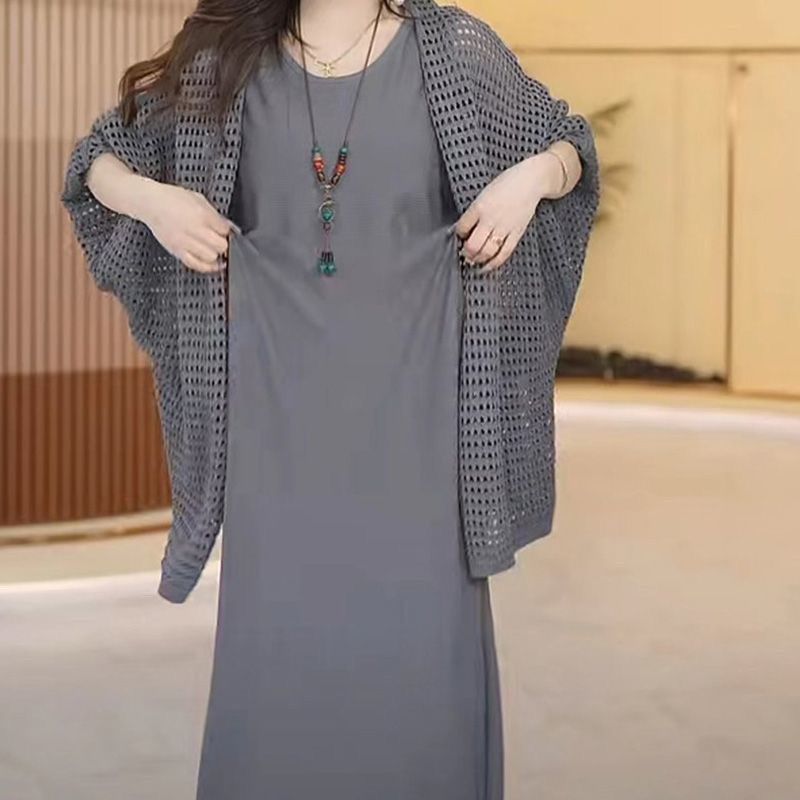 氣質名媛夕陽紅色V領寬鬆針織衫度假中長款開衫