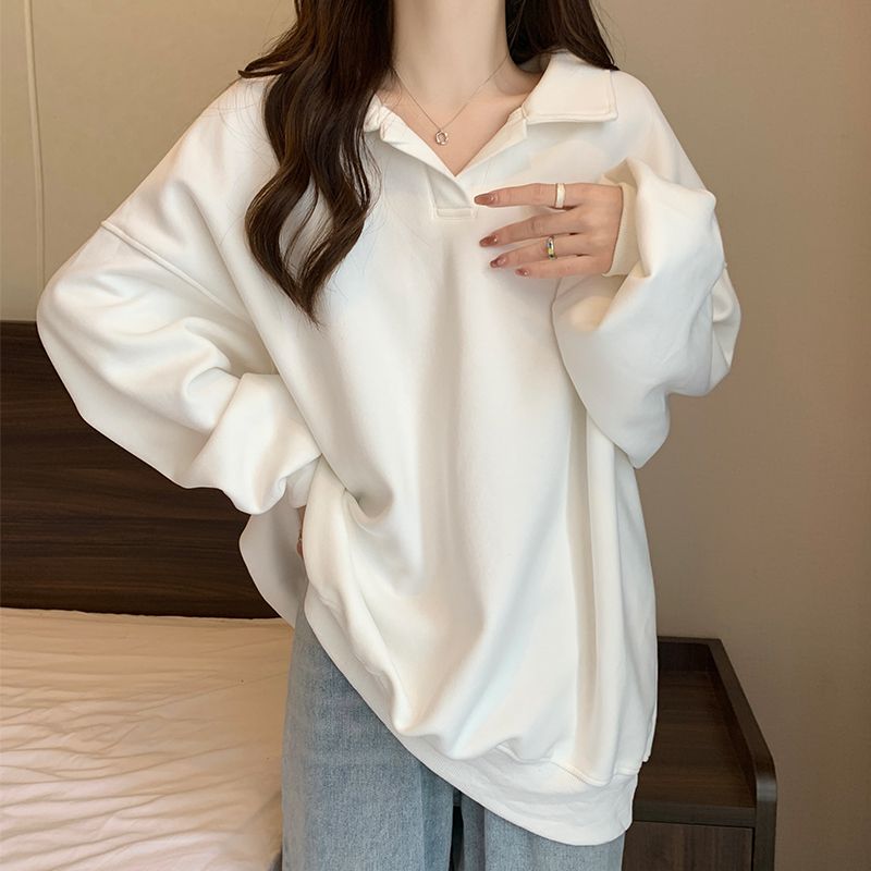 美式寬鬆翻領oversize顯瘦長袖T恤-Cicimode