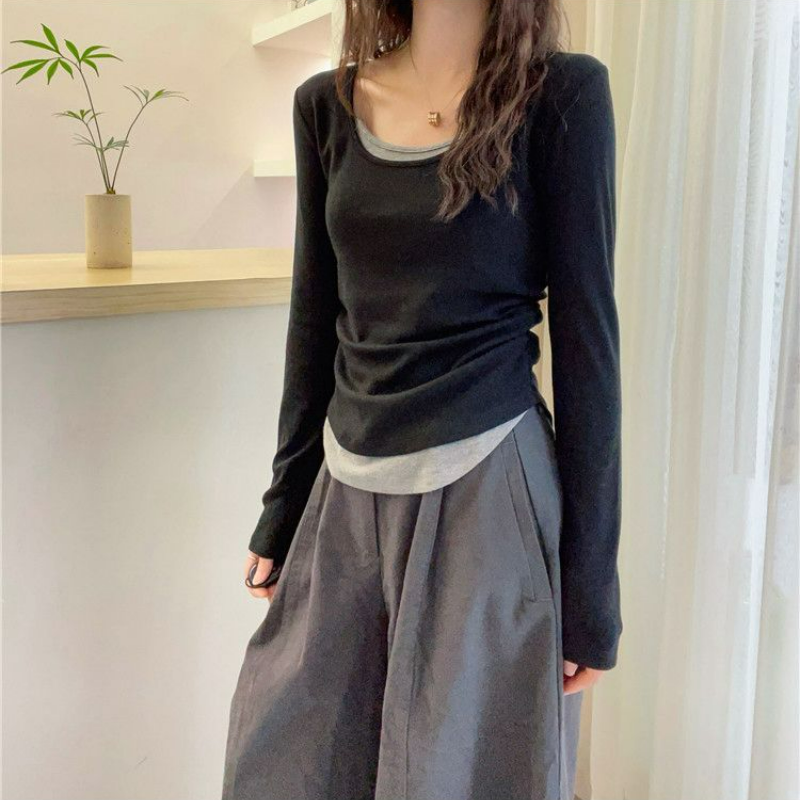 假兩件正肩修身顯瘦拼接撞色長袖T恤-Cicimode