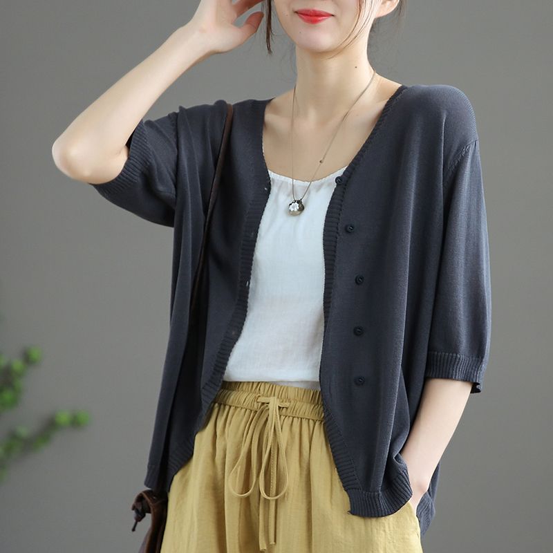 百搭文藝防曬空調衫冰絲中袖針織開衫