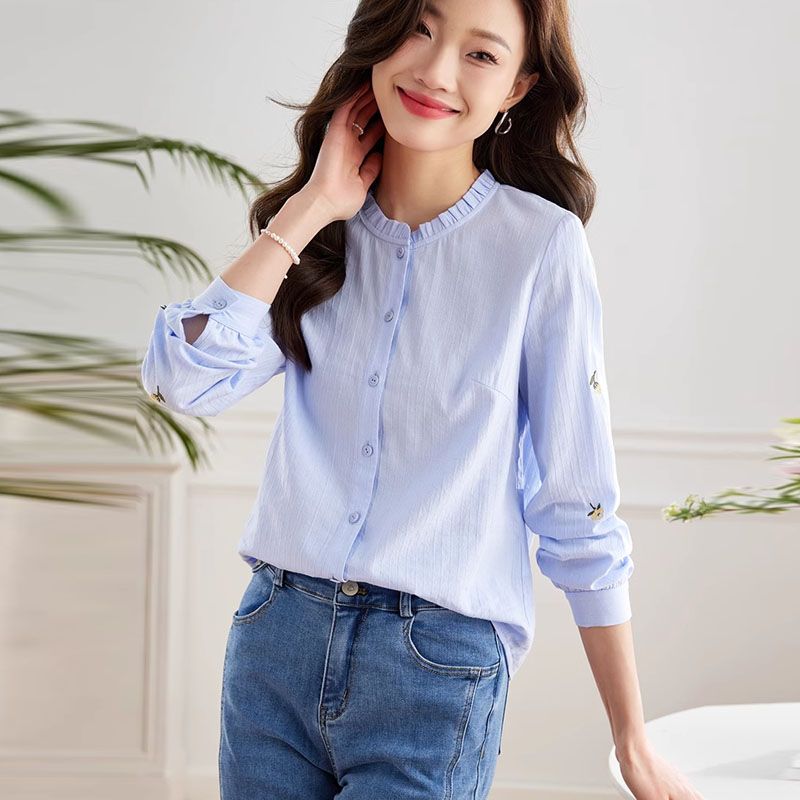 法式木耳邊立領氣質刺繡長袖襯衫-Cicimode