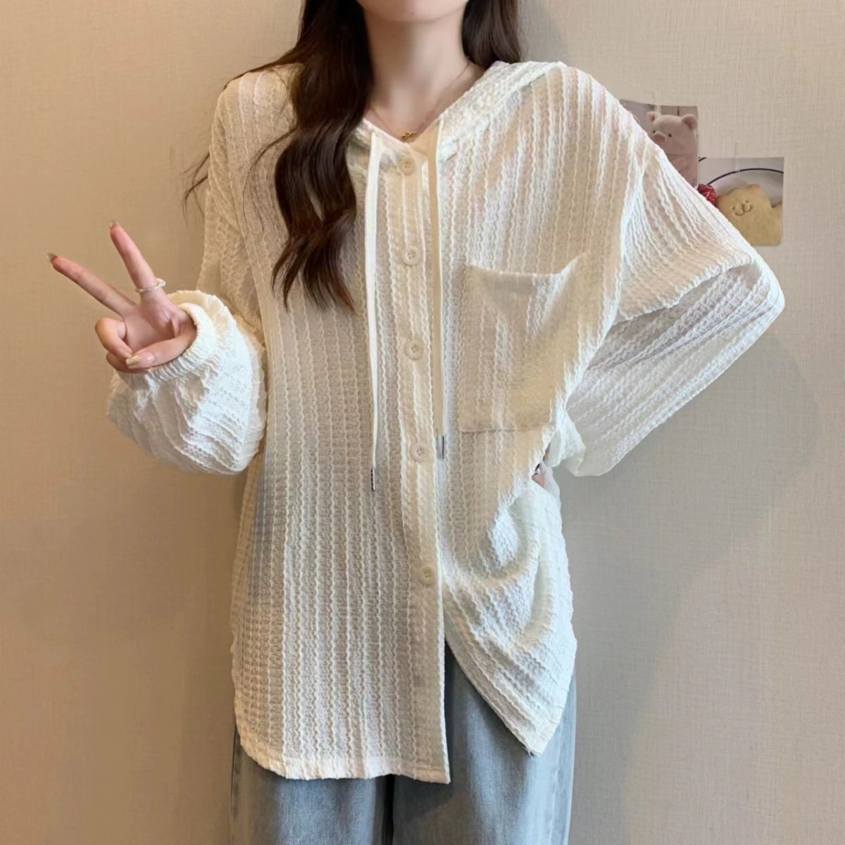 大碼顯瘦中長版休閒外套連帽長袖襯衫