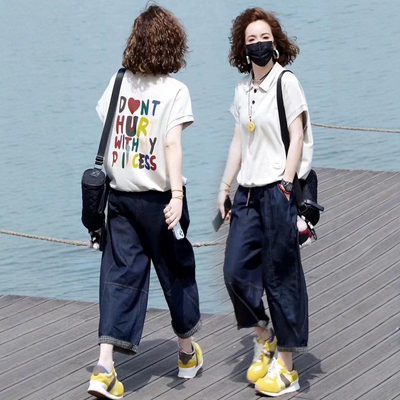 【單件/套裝】POLO領後背印花短袖上衣+薄款牛仔八分褲兩件套裝