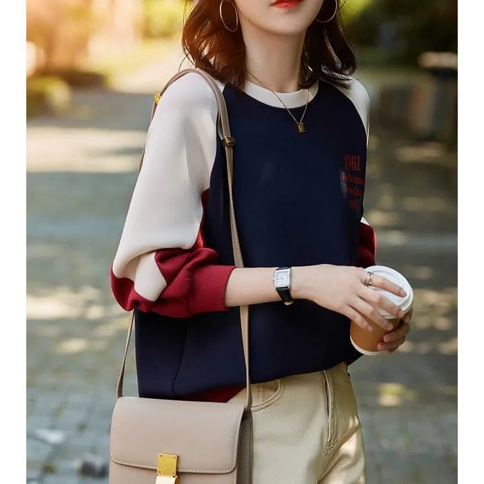 薄款拼接長袖印花寬鬆時尚洋氣ins圓領T恤衛衣