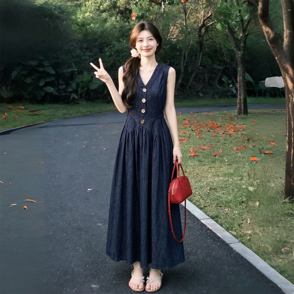 韓系收腰氣質復古簡約深藍牛仔無袖高知洋裝