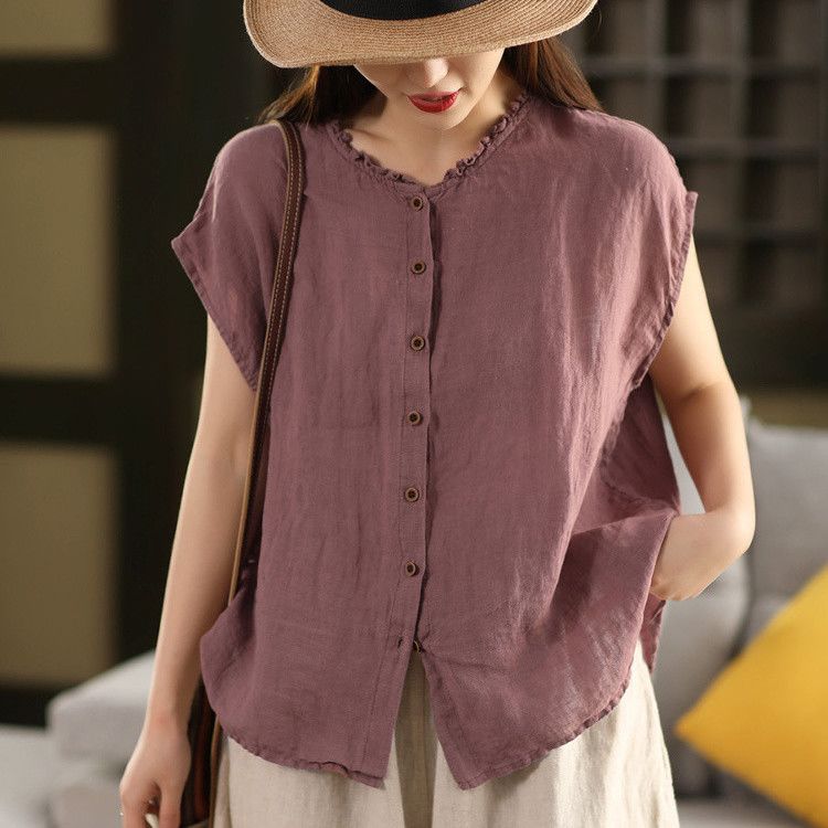 重工棉麻木耳領復古單排扣百搭無袖襯衫