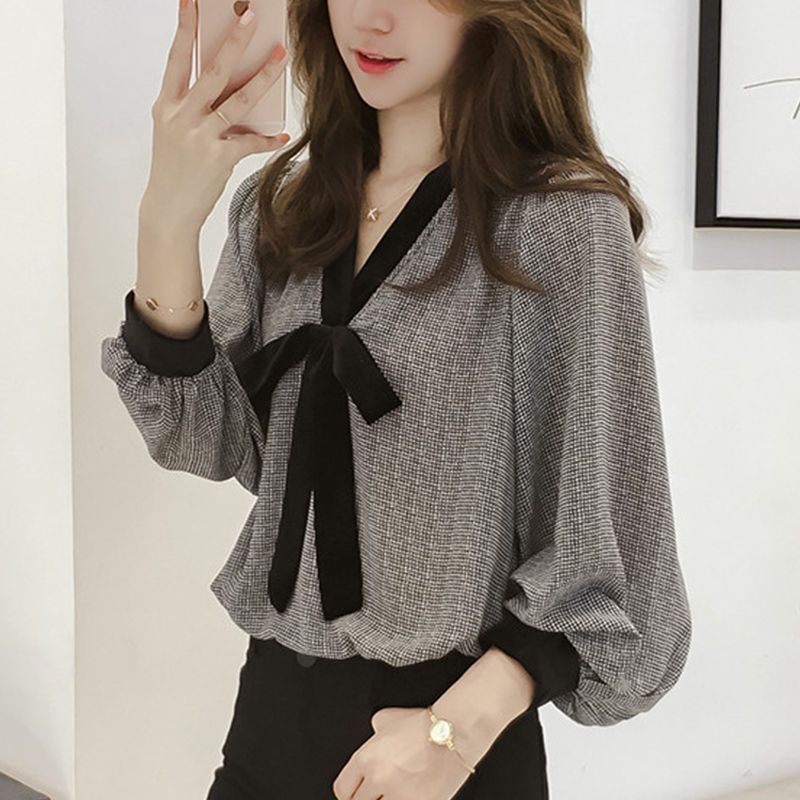 洋氣文藝甜美蝴蝶結V領雪紡襯衫