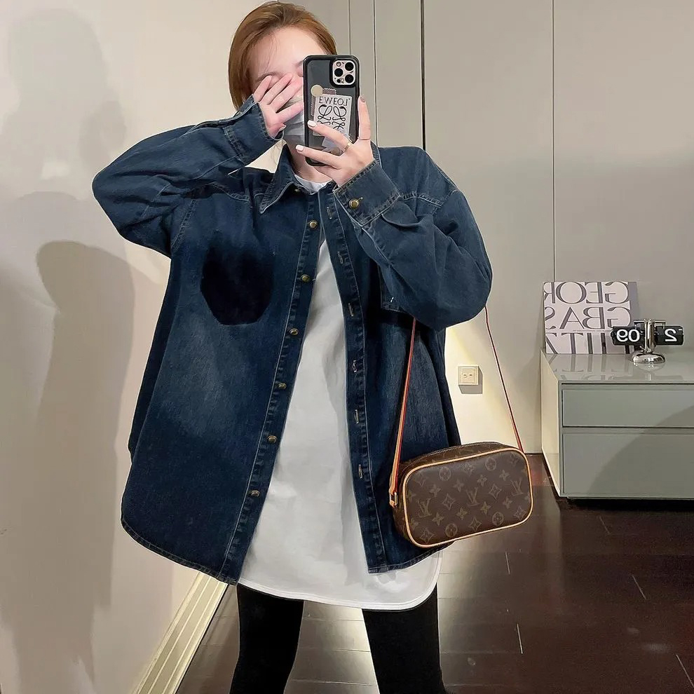 復古藍色牛仔百搭設計感長袖襯衫-Cicimode