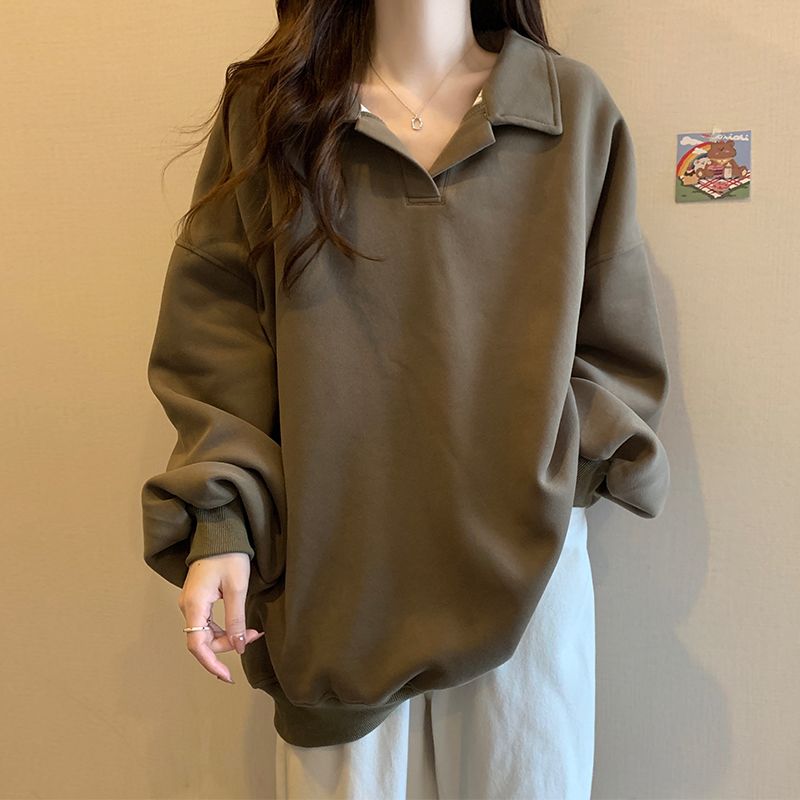 美式寬鬆翻領oversize顯瘦長袖T恤-Cicimode