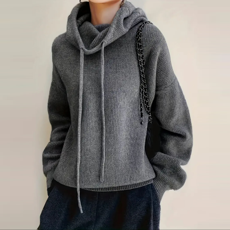 堆堆領慵懶風素色寬鬆加厚連帽針織毛衣-Cicimode