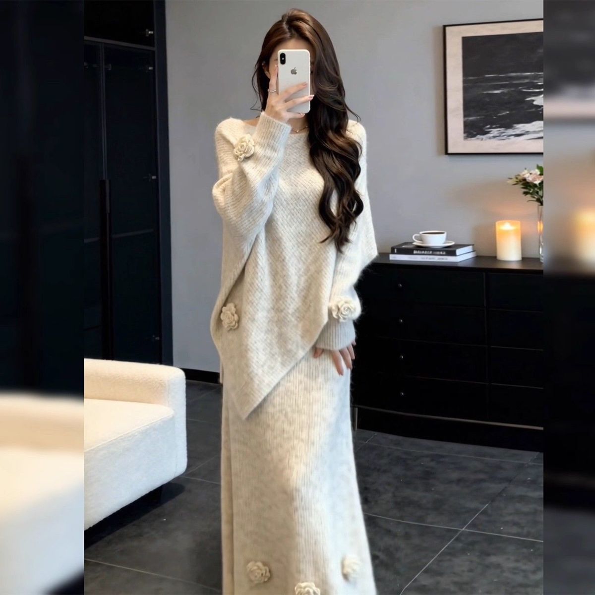 【整套】韓系溫柔風時尚氣質針織毛衣+高腰半身裙兩件套裝