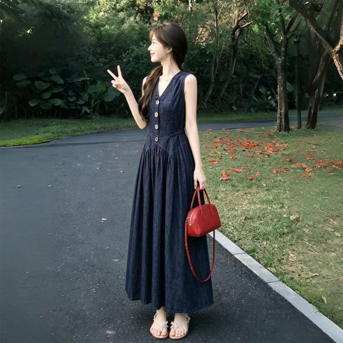 韓系收腰氣質復古簡約深藍牛仔無袖高知洋裝