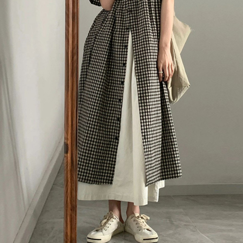【單件】溫柔復古中長款格紋襯衫連身裙+寬鬆氣質半身裙兩件套裝-Cicimode