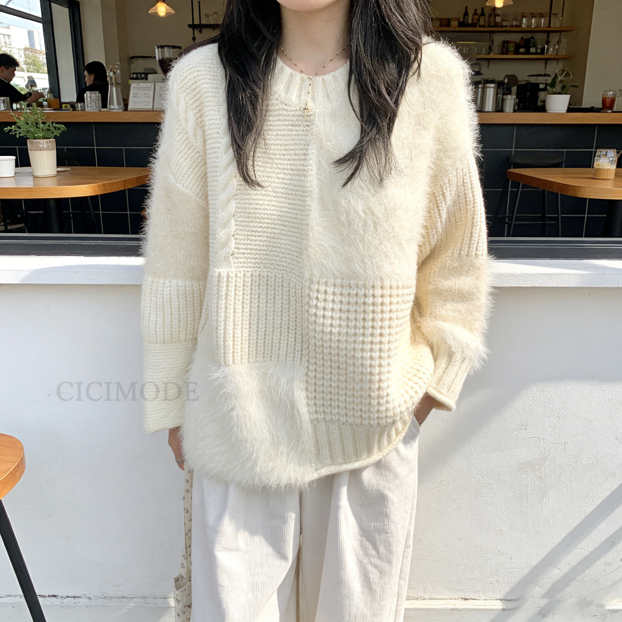 奶杏色高級感慵懶風寬鬆重工拼接針織毛衣-Cicimode