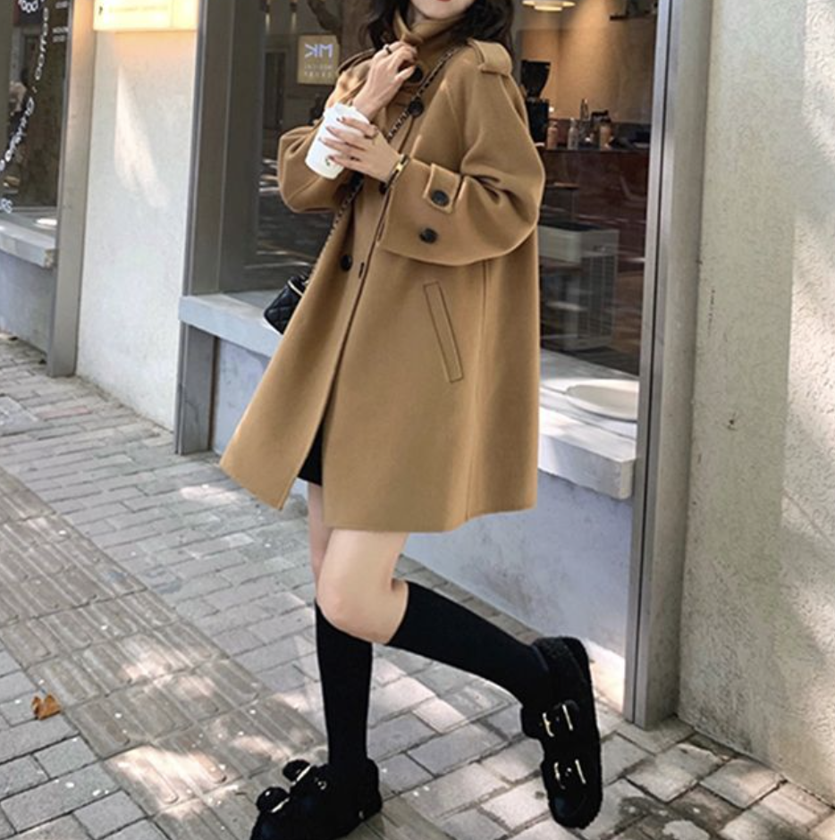 斗篷毛呢赫本風韓系加厚雙面羊絨外套