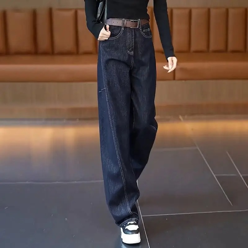 百搭休閒修飾腿型顯瘦遮肉彎刀闊腿牛仔褲-Cicimode