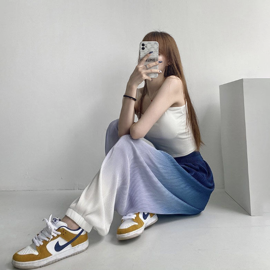 直筒垂感寬鬆休閒肌理感壓褶漸變束腳褲